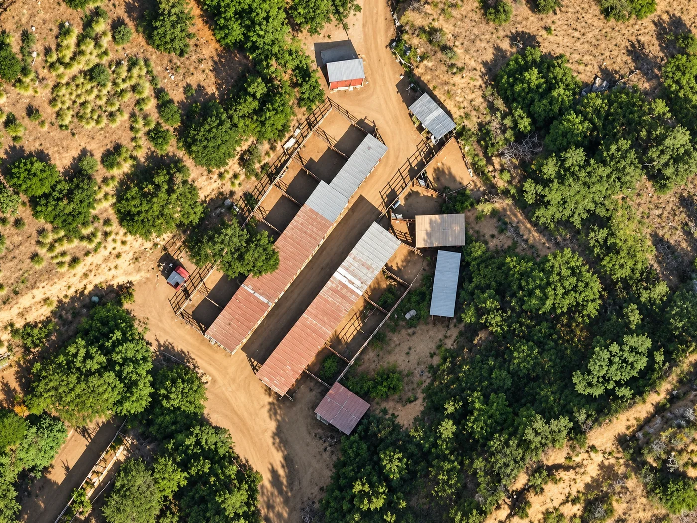 Aerial view of the partially covered outdoor pipe stalls surrounded by trees