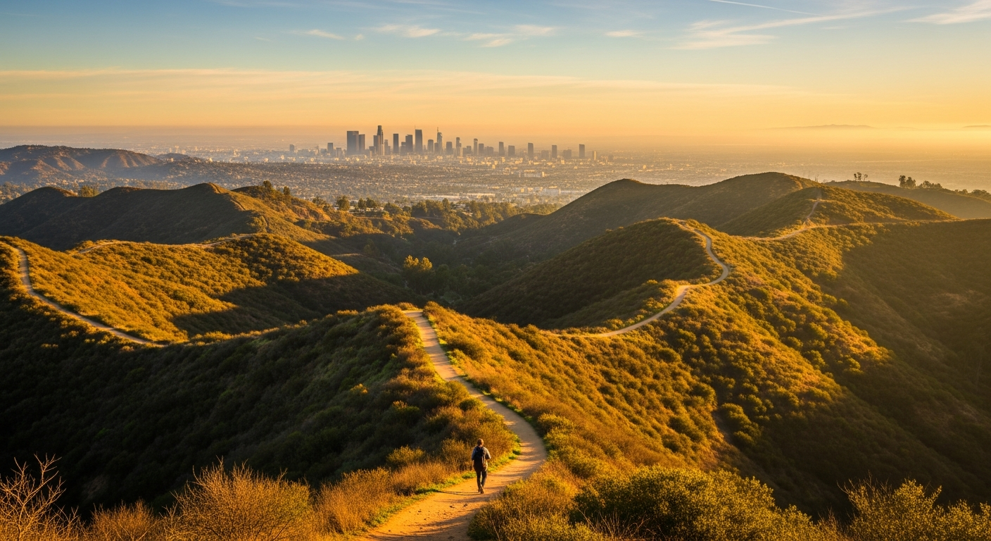 Golden morning light over the Griffith Park hills with Los Angeles skyline in the distance