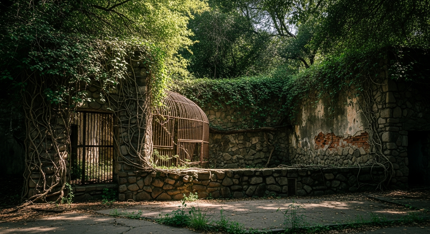 Abandoned old zoo ruins at Griffith Park with overgrown stone enclosures