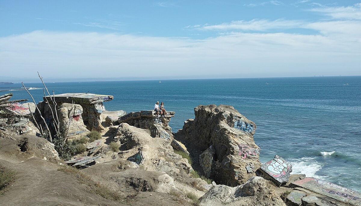 Sunken City ruins with graffiti and ocean view