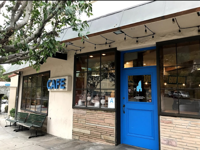 Beachwood Cafe exterior with blue door in Beachwood Canyon
